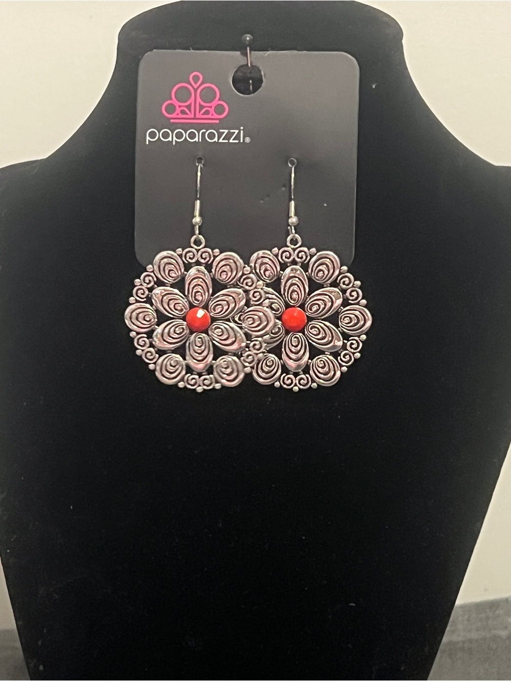 Paparazzi Pink Floral Filigree Earrings with Red Center